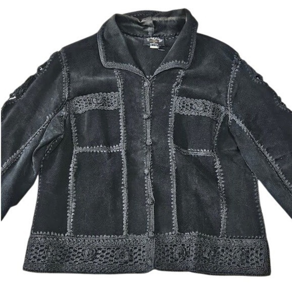 Yingying of Nevada Vintage Jacket Women Small Black Suede Leather Crochet Lace